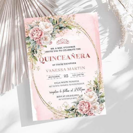Romantic Blush Pink Floral Greenery Quinceañera Einladung