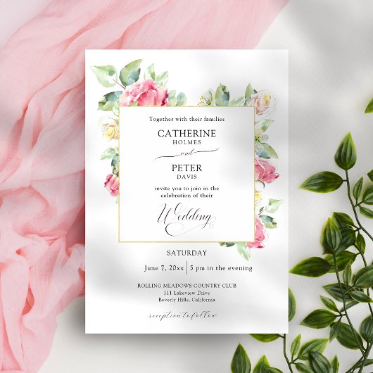 Romantic Blush Pink/Ivory Watercolor Roses Wedding Einladung