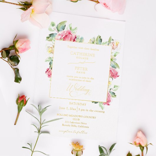 Romantic Blush Pink/Ivory Watercolor Roses Wedding Folieneinladung