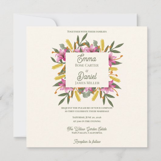 Romantic Blush Pink Lily Botanical Wedding Invite (Vorderseite)
