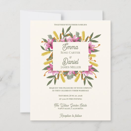 Romantic Blush Pink Lily Botanical Wedding Invite (Vorderseite)