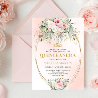 Romantic Blush Roses Bohemian Quinceañera Invite Einladung