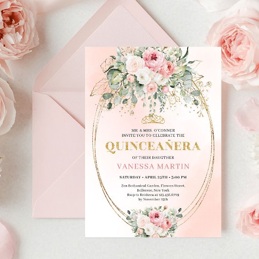 Romantic Blush Roses Bohemian Quinceañera Invite Einladung