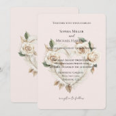 Romantic Blush Roses Feathers Floral Heart Wedding Einladung (Vorne/Hinten)