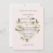 Romantic Blush Roses Feathers Floral Heart Wedding Einladung (Vorderseite)