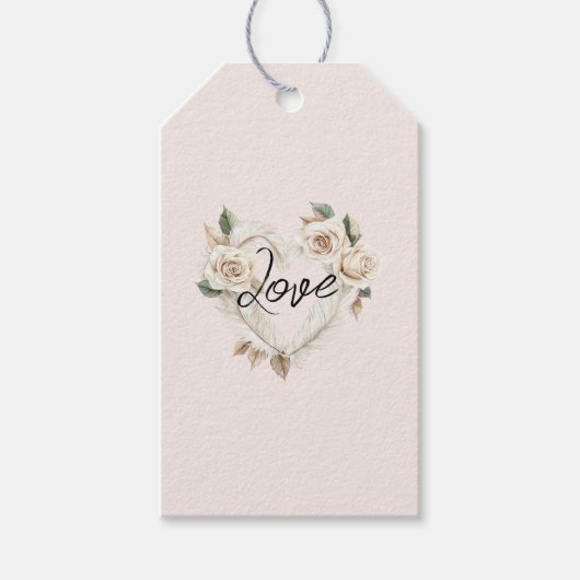 Romantic Blush Roses Feathers Heart Wedding Geschenkanhänger (Vorderseite)