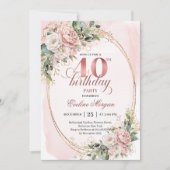 Romantic Bohemian Blush Floral Gold 40th Birthday Einladung (Vorderseite)
