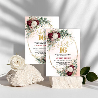 Romantic Bohemian Burgundy Floral Sweet 16 Invites Einladung