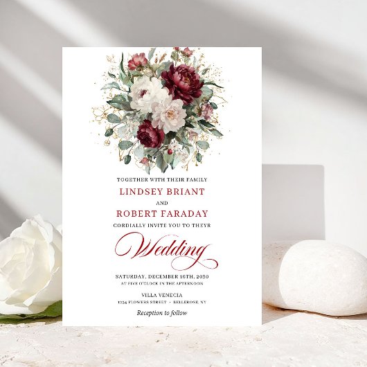 Romantic Bohemian Burgundy White Floral Wedding  Einladung