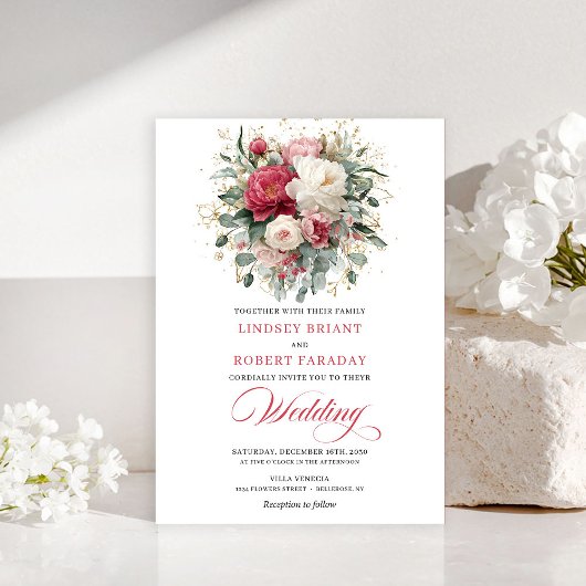 Romantic Bohemian Ruby Red White Greenery Invite Einladung
