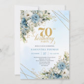 Romantic boho blue florals gold frame 70th birthda einladung (Vorderseite)