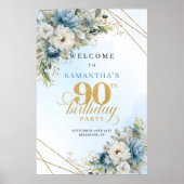 Romantic boho blue florals gold frame 90 birthday poster (Vorne)