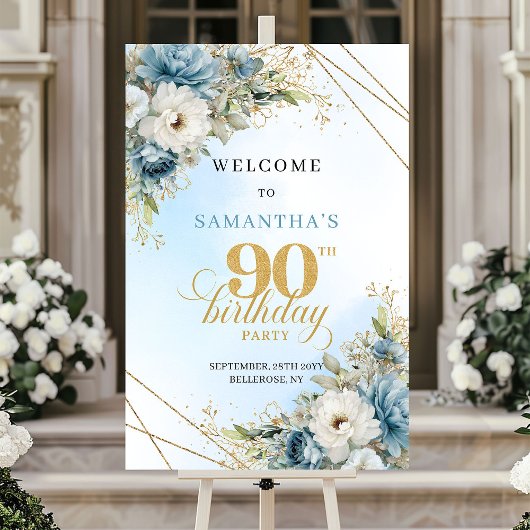 Romantic boho blue florals gold frame 90 birthday poster