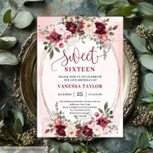 Romantic Boho Burgundy Blush Floral Sweet Sixteen