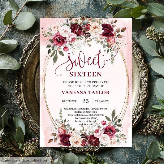Romantic Boho Burgundy Blush Floral Sweet Sixteen Einladung