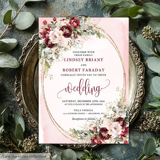 Romantic Boho Burgundy Blush Gold Floral Invite Einladung