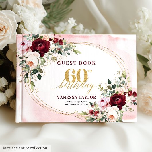 Romantic Boho Burgundy Floral 60th Birthday Gästebuch