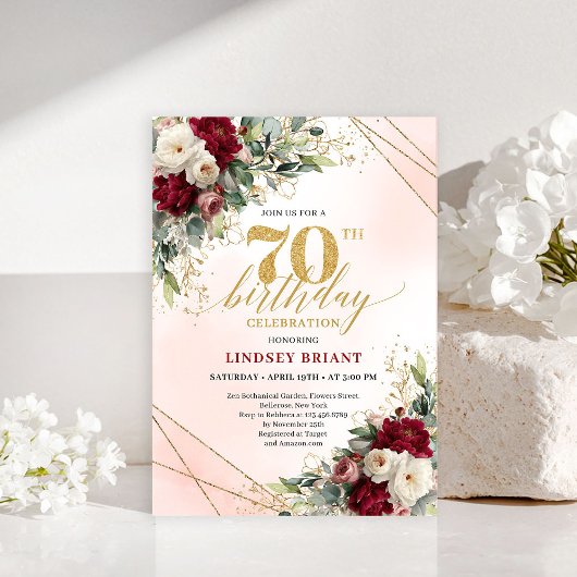 Romantic Boho Burgundy Floral Happy 70th Invitе Einladung