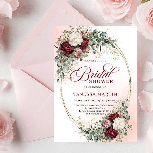 Romantic Boho Burgundy Greenery Gold Bridal Shower Einladung