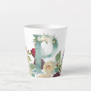 Romantic Boho Burgundy Watercolor Blume Letter Milchtasse