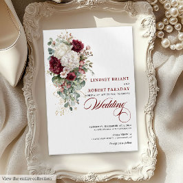 Romantic Boho Burgundy White Rose Wedite Einladung