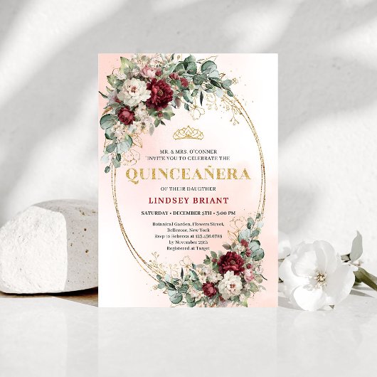 Romantic Boho Deep Red Flowers Gold Quince Invite Einladung
