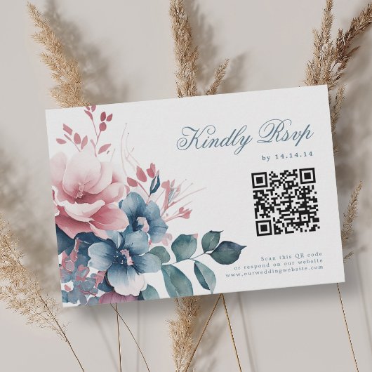 Romantic Boho Dusty Blue Floral Wedding RSVP QR