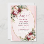 Romantic Boho Maroon Blush Gold Flowers Save Date Einladung (Vorderseite)
