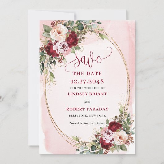 Romantic Boho Maroon Blush Gold Flowers Save Date Einladung (Vorderseite)