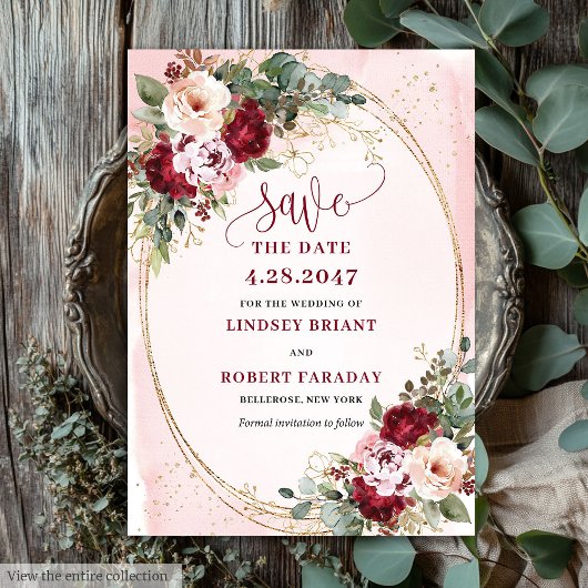 Romantic Boho Maroon Blush Gold Flowers Save Date Einladung