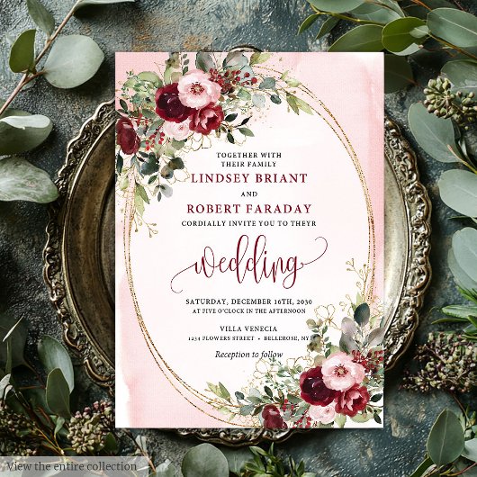 Romantic Boho Marsala Gold Floral Wedding Invite Einladung