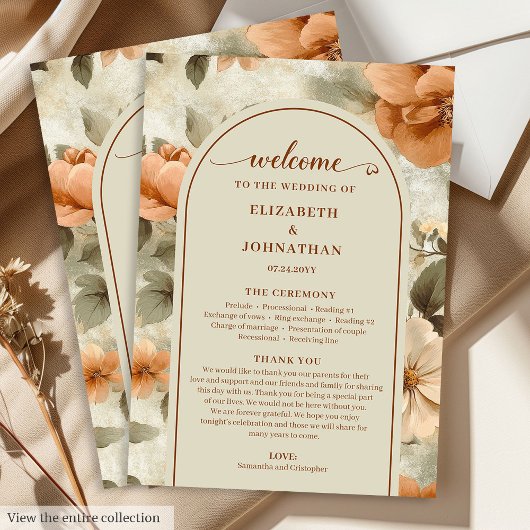Romantic Boho Rust Ivory Olive Sage Floral Wedding Programm