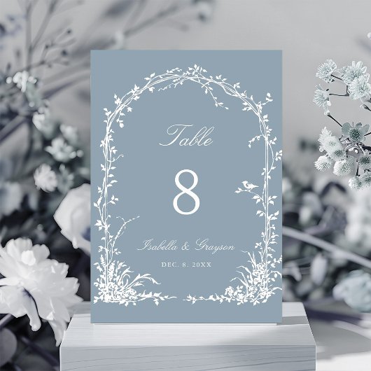 Romantic Botanical Arch Garden Wedding Dusty Blue Tischnummer