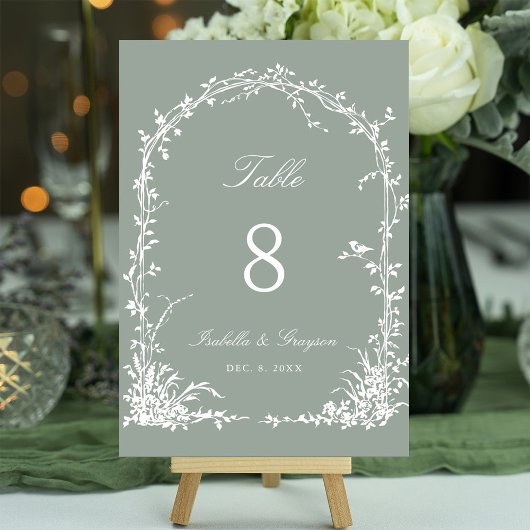 Romantic Botanical Arch Garden Wedding Sage Green Tischnummer