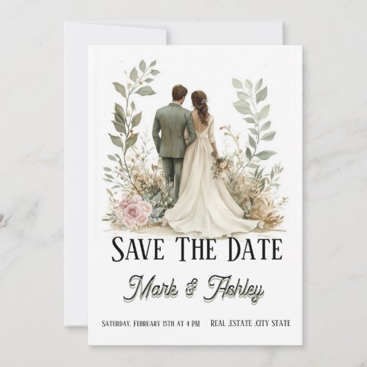 Romantic Botanical Save The Date | Bride & Groom (Vorderseite)