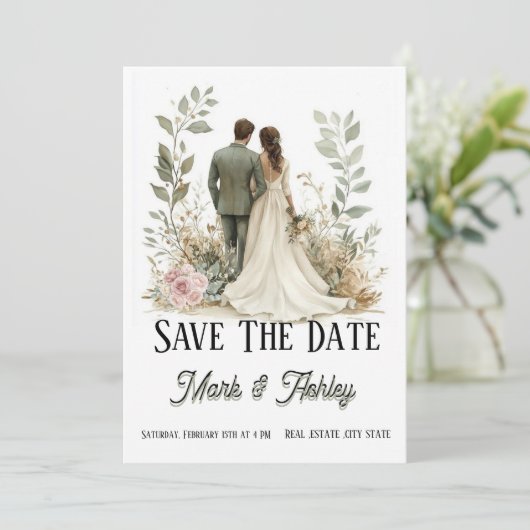 Romantic Botanical Save The Date | Bride & Groom  (Stehend Vorderseite)