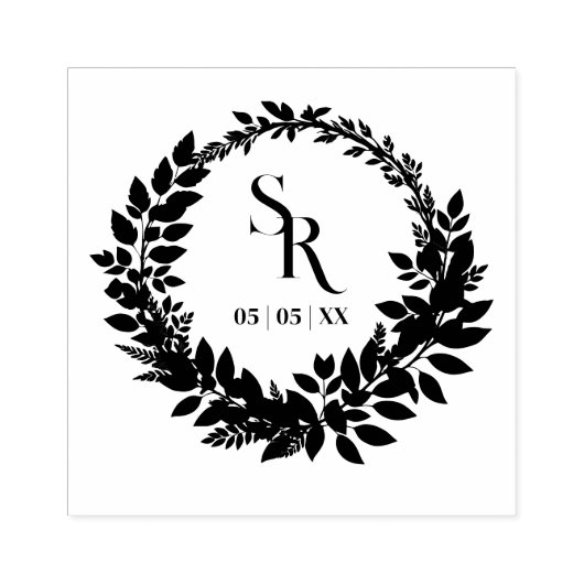 Romantic Botanical Wreath Wedding Initials Gummistempel (Prägung)
