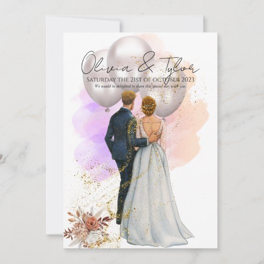Romantic Bride & Groom with Balloons Einladung (Vorderseite)