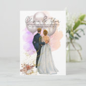 Romantic Bride & Groom with Balloons Einladung (Stehend Vorderseite)