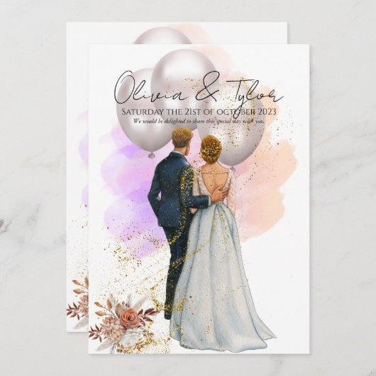 Romantic Bride & Groom with Balloons Einladung (Vorne/Hinten)