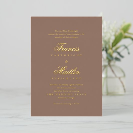 Romantic Brown Elegant Wedding Folieneinladung (Stehend vorne)