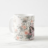 Romantic Brown Hair Girl Peach Roses Floral Kaffeetasse (Vorderseite Links)