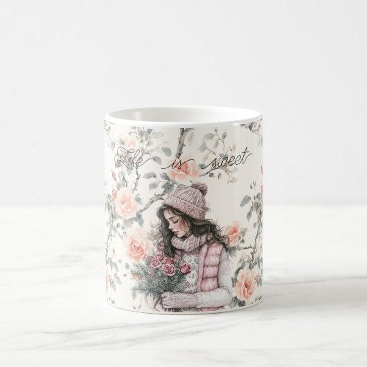 Romantic Brown Hair Girl Peach Roses Floral Kaffeetasse (Mittel)