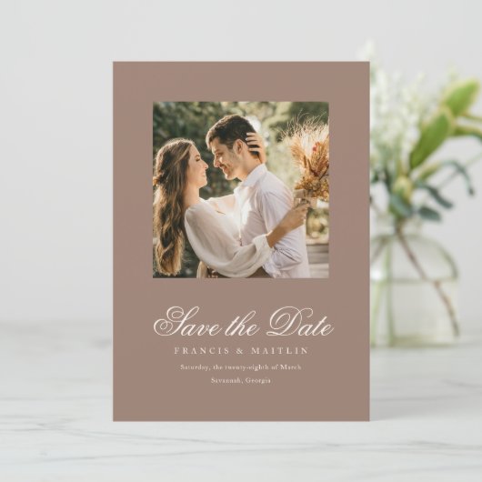 Romantic Brown Photo Elegant Wedding Save The Date (Stehend Vorderseite)