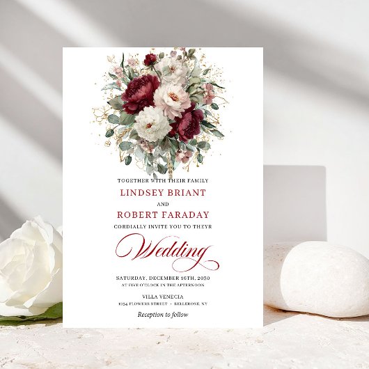 Romantic Burgundy and White Flowers Wedding Invite Einladung