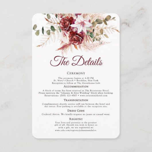 Romantic Burgundy & Blush QR Code Wedding Details  Begleitkarte (Vorderseite)