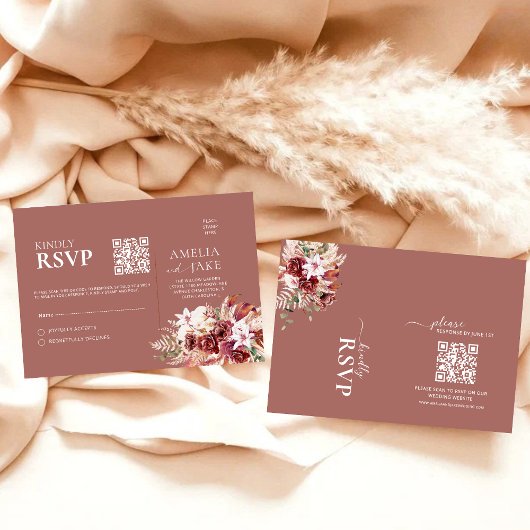 Romantic Burgundy & Dusty Rosewood Floral QR Code RSVP Karte