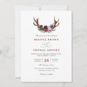 Romantic Burgundy Floral Antlers QR Code Wedding Einladung (Vorderseite)