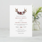 Romantic Burgundy Floral Antlers QR Code Wedding Einladung (Stehend Vorderseite)