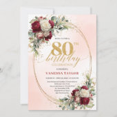 Romantic Burgundy Floral Gold Frame 80th Birthday  Einladung (Vorderseite)